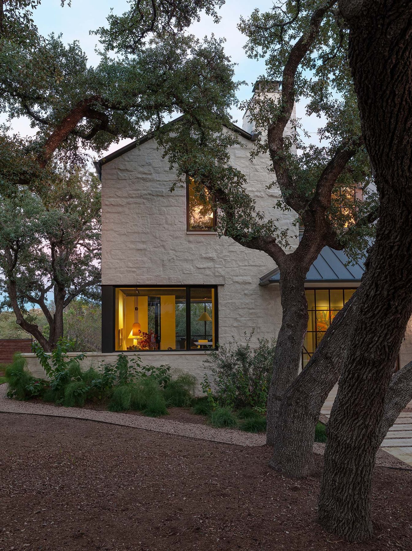 Evening exterior among oaks
