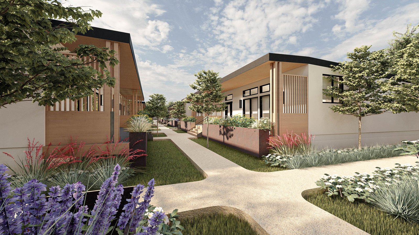 rendering: garden path between cottages
