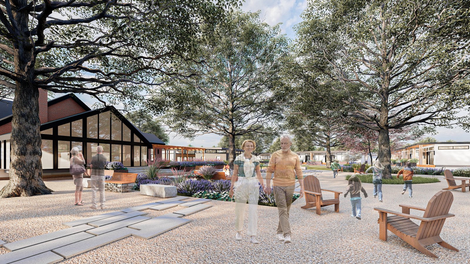 rendering: residents walking across the courtyard
