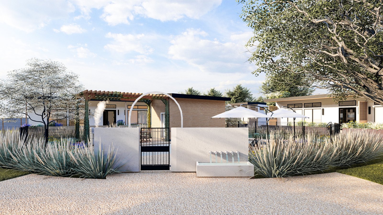rendering: gated entry with an arbor