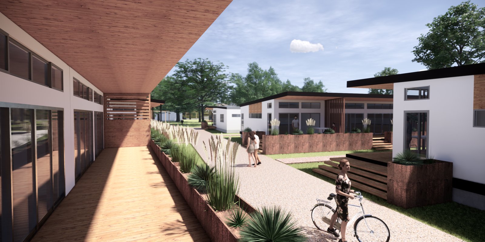 rendering: covered walk with a cyclist on the path