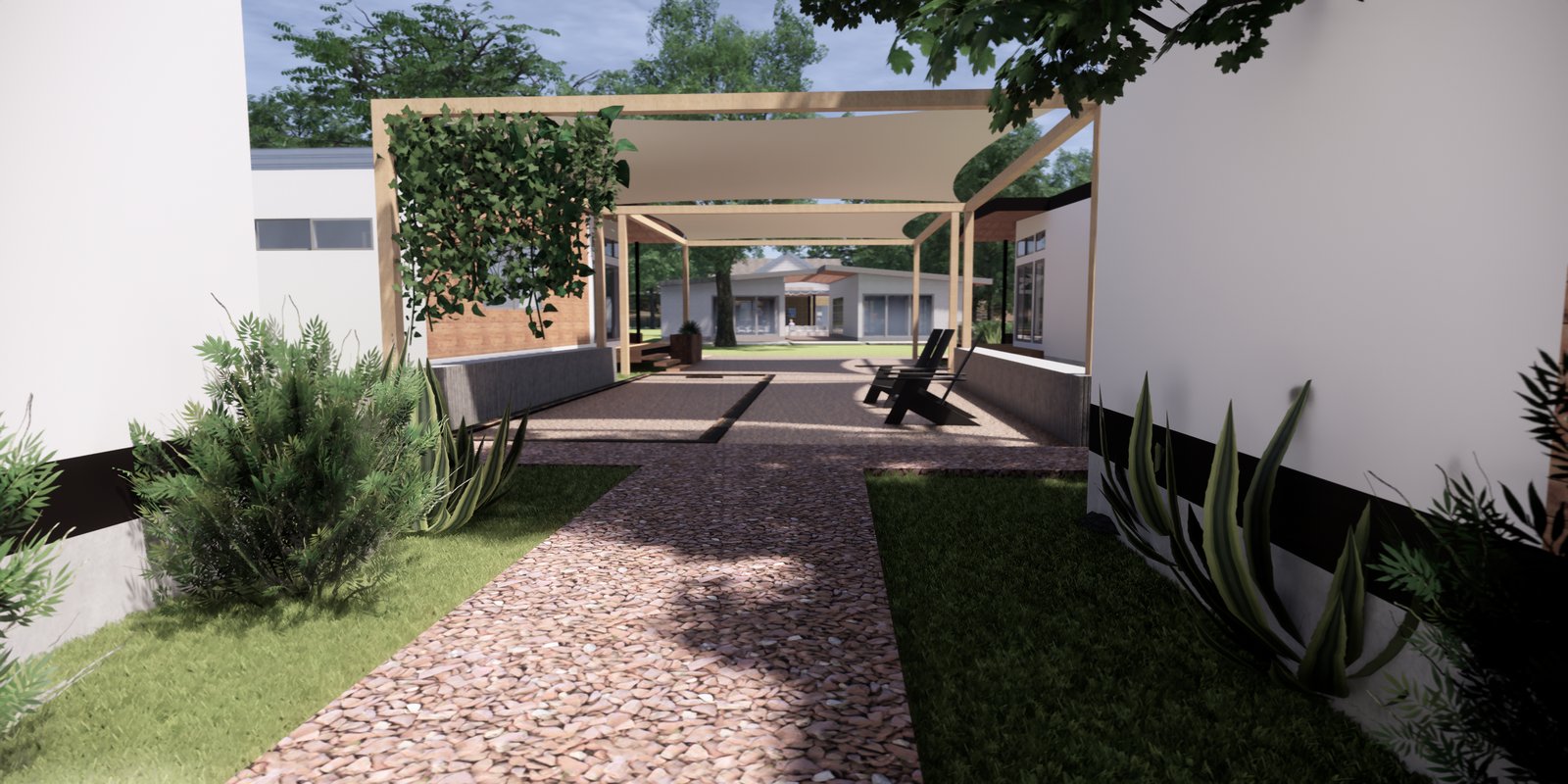 rendering: gravel path to a pergola between cottages