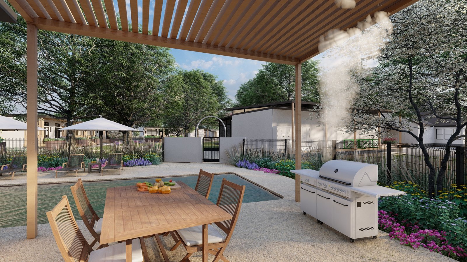 rendering: outdoor kitchen and dining under a pergola by the pool