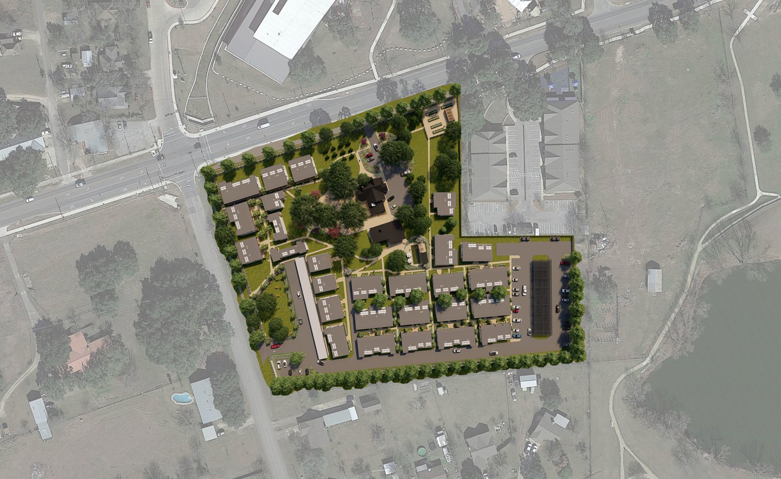 site plan over an aerial photo, the cottages around a central green