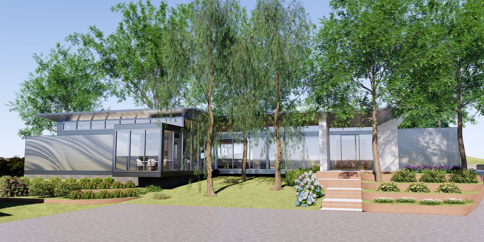 rendering: the house behind trees and stepped planting beds