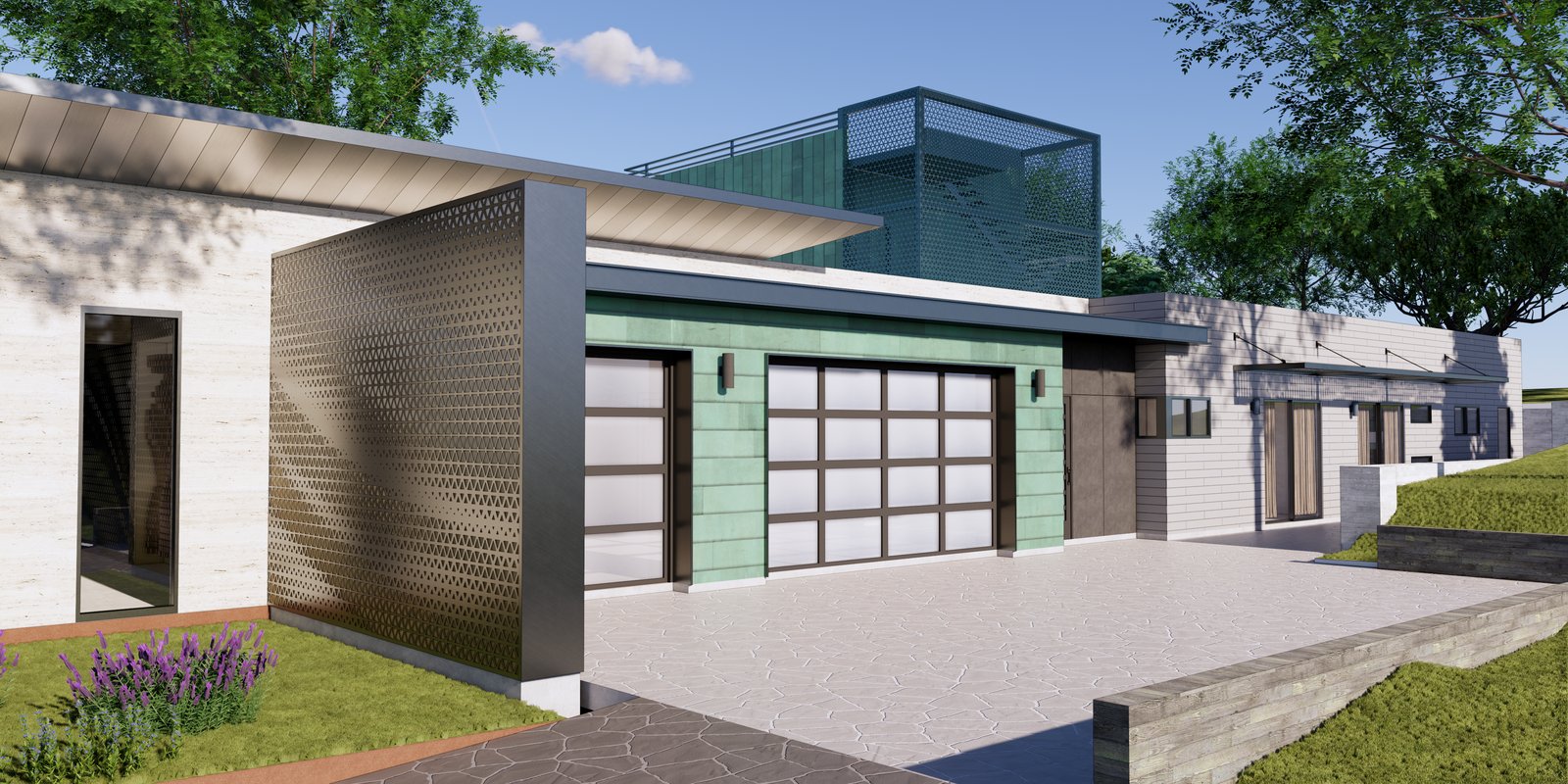 rendering: entry with a perforated screen and the garage